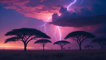 Lightning Strikes Over Savannah Trees with Vibrant Sky and Clouds photo