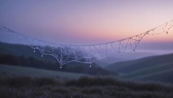 Spiderweb Dew Drops at Dawn with Field and Sky Background photo
