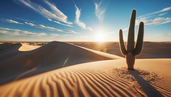 Desert Landscape with Cactus at Sunset and Rolling Sand Dunes photo