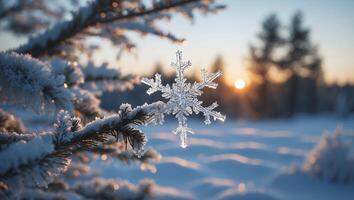 Snowflake on Pine Tree at Sunset Winter Scene Serene Landscape photo