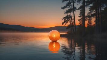 Reflecting Sphere on Lake During Sunset with Forest and Mountain View photo