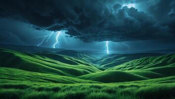 Lightning Strikes Over Green Hills in a Dramatic Weather Landscape photo