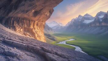 Exploring Mountain Valley with River and Cave at Scenic Sunset photo