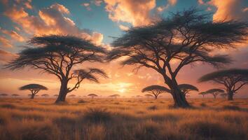 Trees Silhouette at Golden Hour in African Savannah Grassland photo