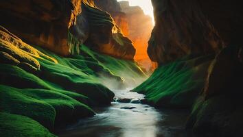 River Flowing Through Canyon Covered in Greenery with Sunlight photo