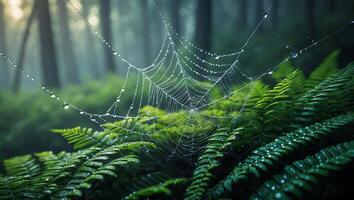 Delicate Spiderweb Covered in Dewdrops Hanging Above Green Ferns photo