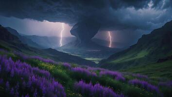 Lightning Strikes Over Mountain Valley with Purple Flowers in Foreground photo