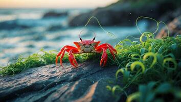 Red Crab on Rock Near Ocean with Bright Green Seaweed photo