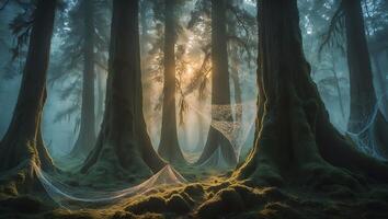 Walking Through Misty Forest with Sunlight and Spiderwebs Between Trees photo