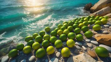 Limes on the Beach with Ocean Waves and Sunlight Sparkling photo