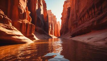 River Flowing Through Red Rock Canyon with Reflections on Water photo
