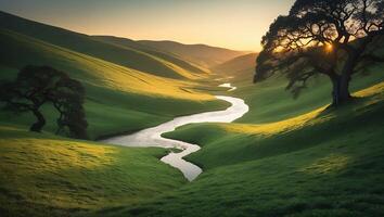 Scenic Rolling Green Hills Landscape with River at Sunset Glow photo
