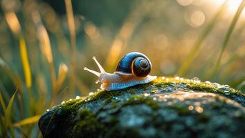 Snail Crawling on Mossy Rock with Water Droplets in Sunlight photo