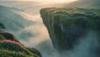Dramatic Cliff Edge Landscape with Fog and Wildflowers at Sunrise photo