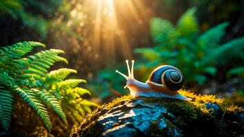 Snail Crawling on Mossy Rock in Forest with Sun Rays photo