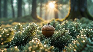 Acorn on Evergreen Branches with Dew Drops in Forest Sunlight photo