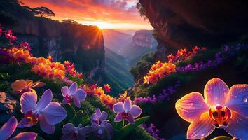 Orchid Flowers Bloom Above Valley at Sunset with Mountain Views photo
