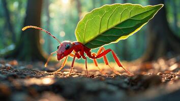 Red Ant Carrying Green Leaf Through Forest with Sunlight Streaming photo