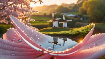 Tranquil Rural Scene Reflected in Flower Petal with Dewdrops at Sunrise photo