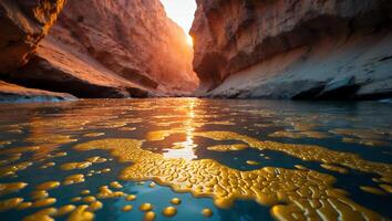 Canyon Waterway Reflecting Sunlight with Interesting Gold Colored Foam Texture photo
