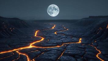 Glowing Lava Field Under a Full Moon Night Landscape Scenery photo