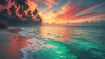 Tropical Beach Sunset with Palm Trees and Colorful Sky Reflection photo