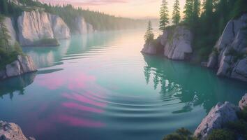 Serene Lake Ripples at Dawn Surrounded by Cliffs and Forest photo