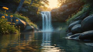 Waterfall Flowing Into Calm Pool Surrounded by Rocks and Flowers photo
