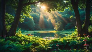 Sunlight Streaming Through Forest Trees with Mushrooms and Small Pond photo