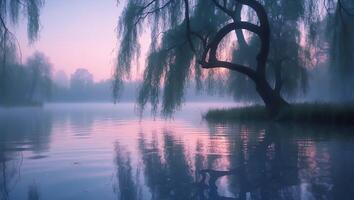 Tranquil Lake Landscape with Willow Tree and Soft Morning Mist photo