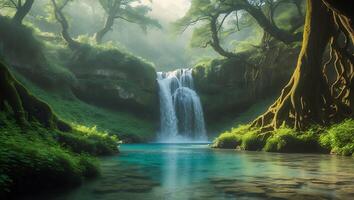 Waterfall in Lush Green Forest with Turquoise Water and Sunbeams photo