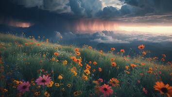 Meadow of Wildflowers Under Stormy Sky with Cloudscape and Sunlight photo