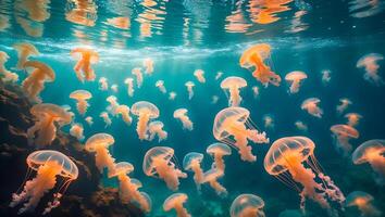 Jellyfish Floating Underwater in Ocean with Light Rays Filtering Down photo