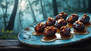 Serving Dates Stuffed with Almonds and Drizzled with Syrup in Nature photo