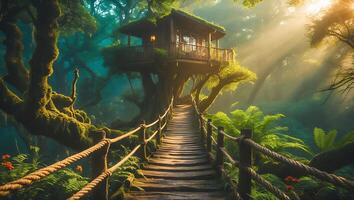 Treehouse Retreat in Lush Forest with Wooden Bridge and Sunlight photo