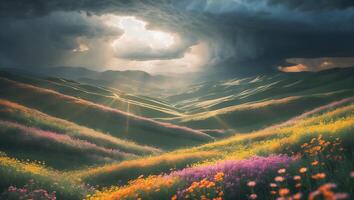 Rolling Hills Landscape with Wildflowers Under Dramatic Skies and Sunbeams photo