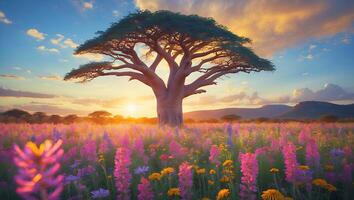 Baobab Tree Stands Tall Over Flower Field at Golden Sunset photo