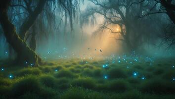 Mystical Forest Meadow with Glowing Lights and Foggy Atmosphere photo