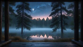 Serene Lake View with Foggy Forest Seen From Wooden Porch photo