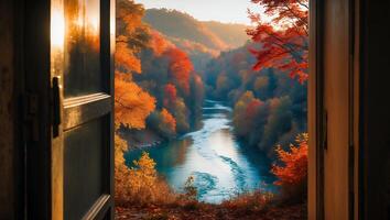 River View Through Open Door with Fall Foliage and Sunlight photo