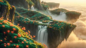 Cascading Waterfalls Flowing From Floating Islands in a Dreamy Cloudy Landscape photo