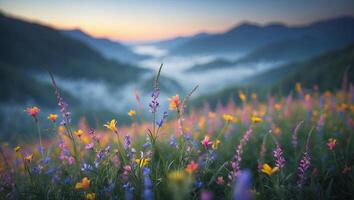 Colorful Wildflower Meadow at Dusk with Mountain Views and Soft Mist photo