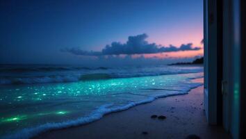 Glowing Waves on Beach at Twilight Seen Through Open Doorway photo