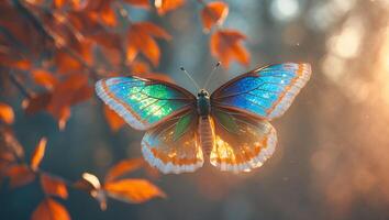 Vibrant Butterfly with Colorful Wings Flying Near Autumn Leaves photo