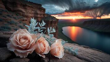 Roses Bouquet on Cliff Overlooking Lake at Sunset Scenery photo