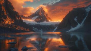 Reflecting Mountain Lake at Sunset with Snow-capped Peaks and Clouds photo
