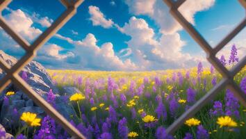 Viewing Flower Meadow Through Window with Blue Sky and Clouds photo