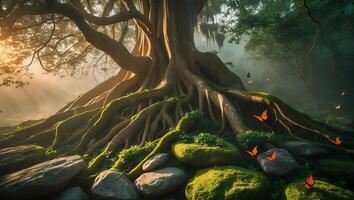 Majestic Tree with Sprawling Roots and Butterflies in a Misty Forest photo