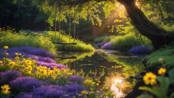 Swing Over Calm Water Amidst Colorful Flowers and Sunlight photo