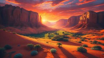 Dramatic Desert Landscape with Towering Cliffs and Vibrant Sunset Glow photo